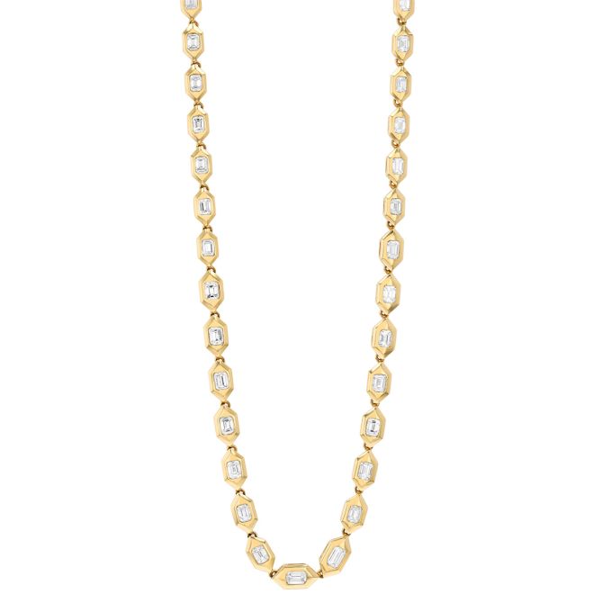 Emerald Cut Diamond & Hexagon Bezel Riviera Necklace in Yellow Gold, 16"