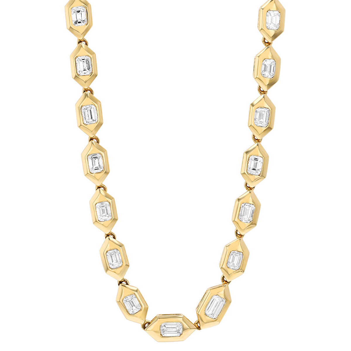 Emerald Cut Diamond & Hexagon Bezel Riviera Necklace in Yellow Gold, 16