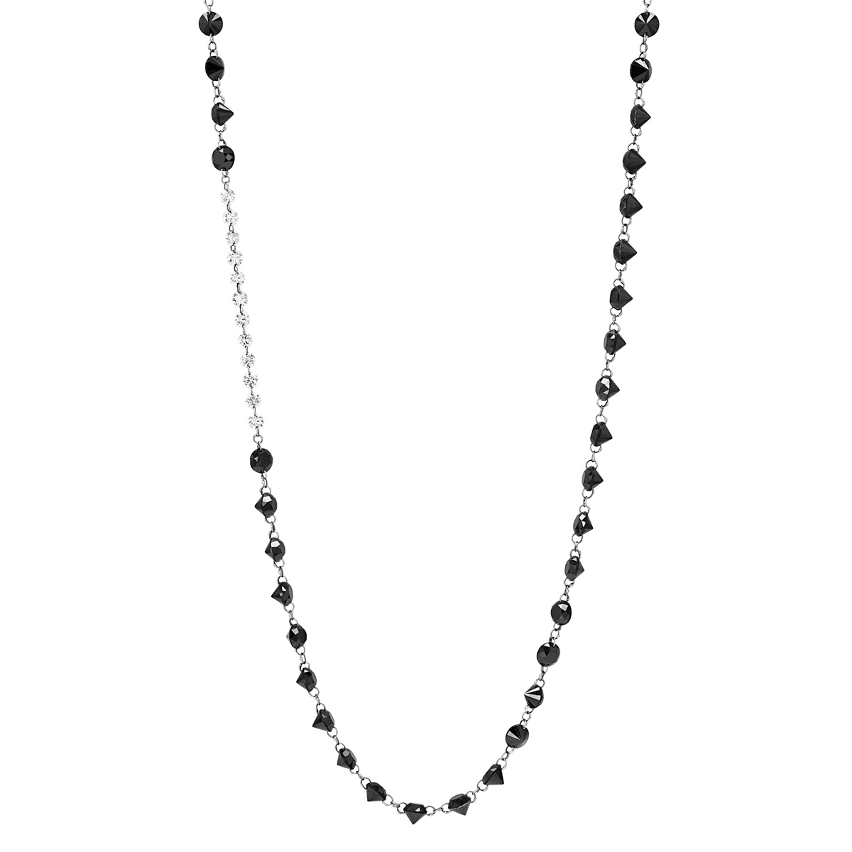 Black & White Diamond Section Long Chain Necklace in White Gold, 40