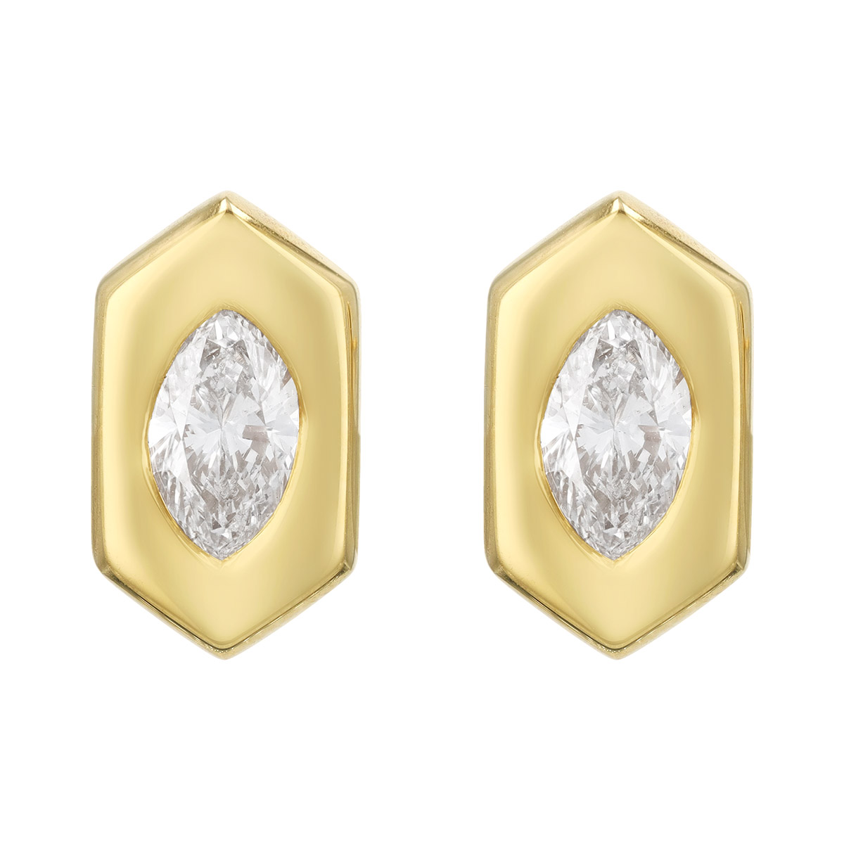 Yellow Gold Hexagon Stud Earrings with Flush Set Marquise Diamonds