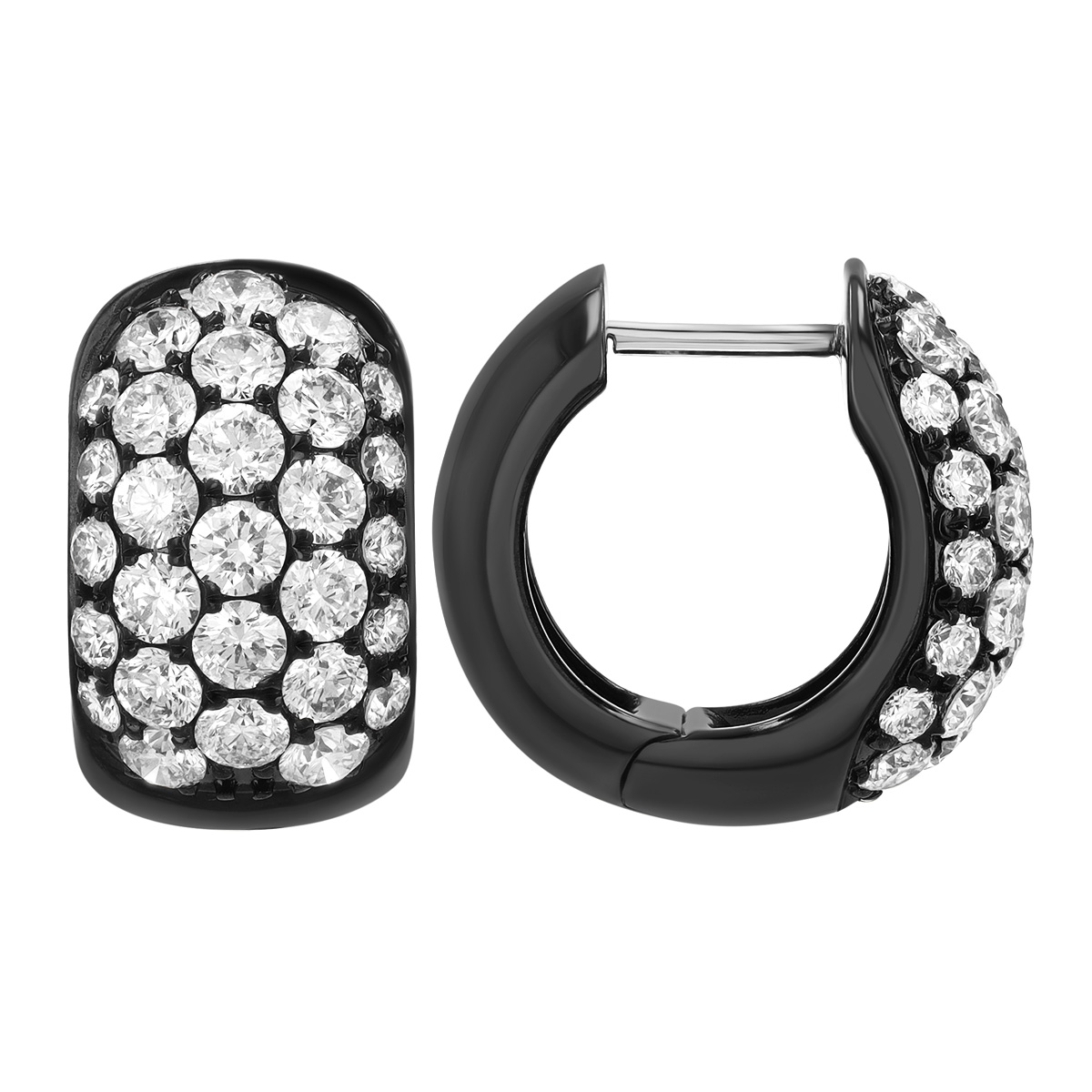 Diamond Pave Chubby Huggie Hoop Earrings in Black Rhodium Plated White Gold