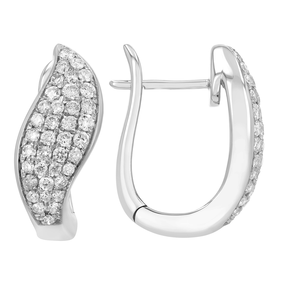 Diamond Pave Leaf Leverback Huggie Earrings in White Gold