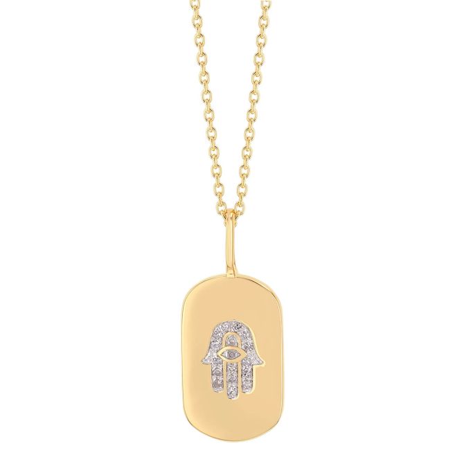 Diamond Pave Hamsa Dog Tag Pendant in Yellow Gold