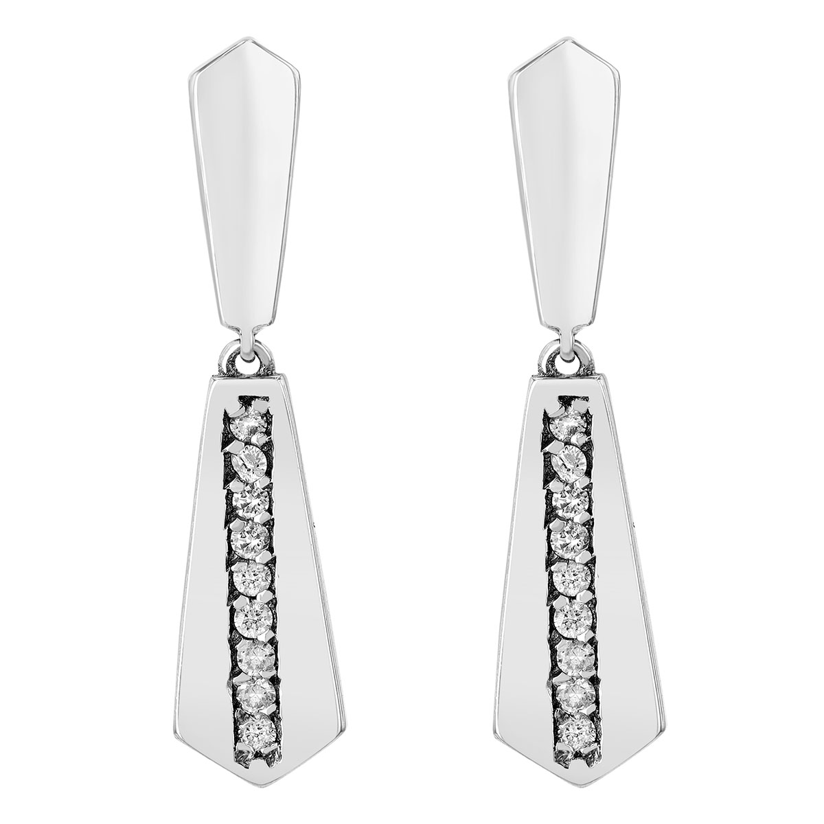 White Gold Double Drop Post Earrings with Diamond Channels