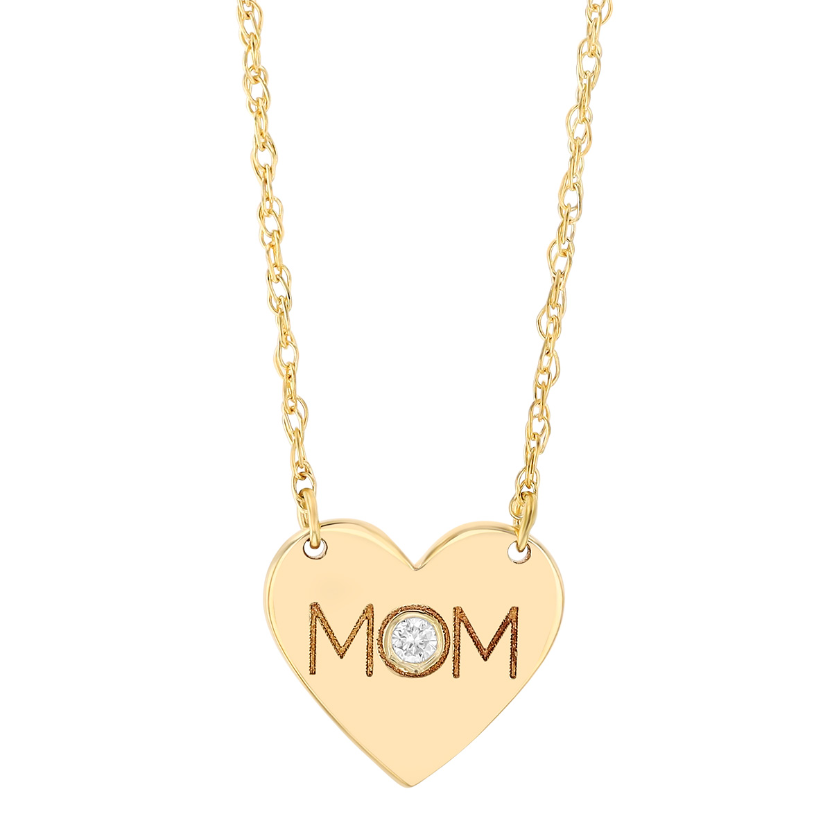 Mom Heart Necklace in Yellow Gold with Bezel Set Diamond, 18