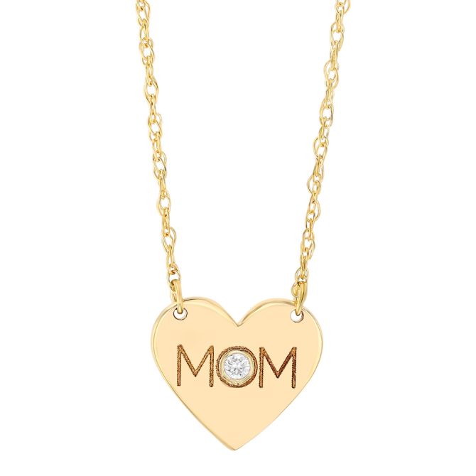 Mom Heart Necklace in Yellow Gold with Bezel Set Diamond, 18"