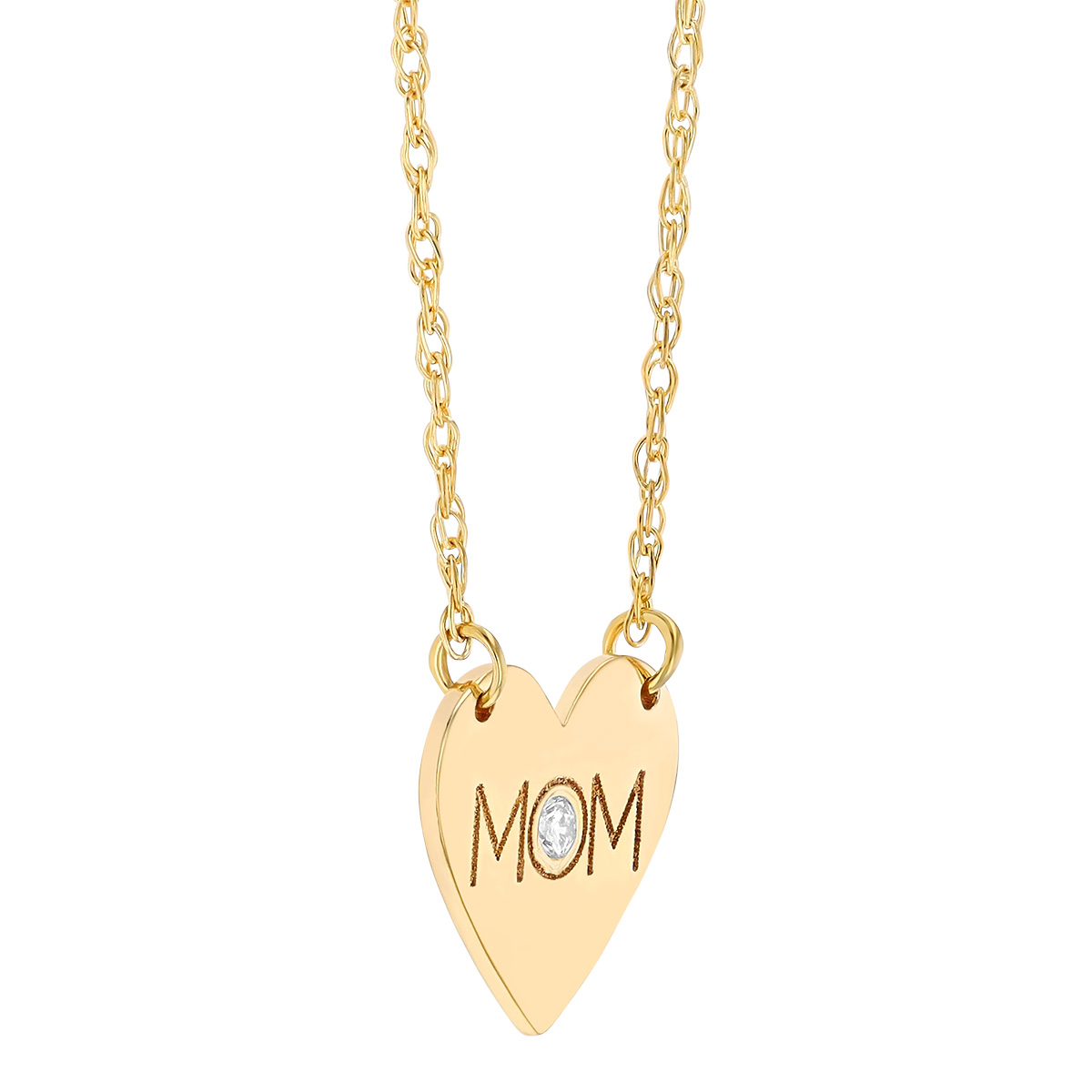 Mom Heart Necklace in Yellow Gold with Bezel Set Diamond, 18