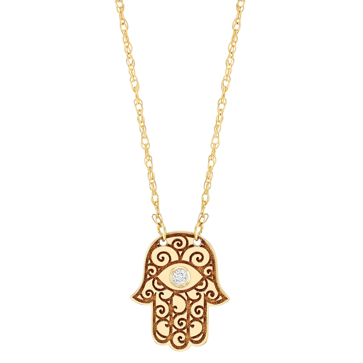 Hamsa Scrollwork Necklace in Yellow Gold with Bezel Set Diamond, 18