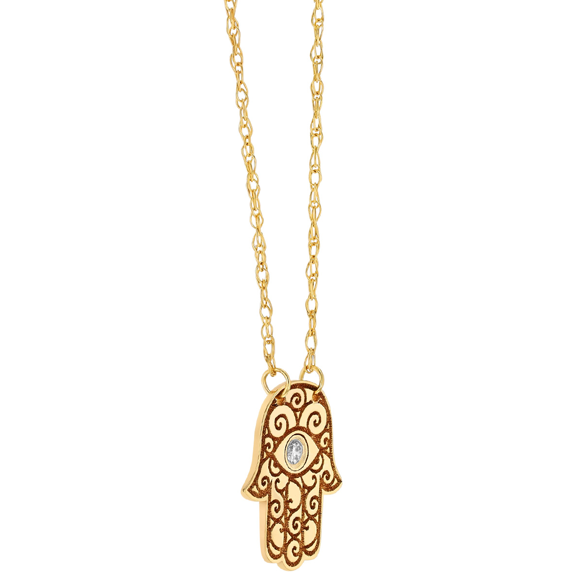Hamsa Scrollwork Necklace in Yellow Gold with Bezel Set Diamond, 18
