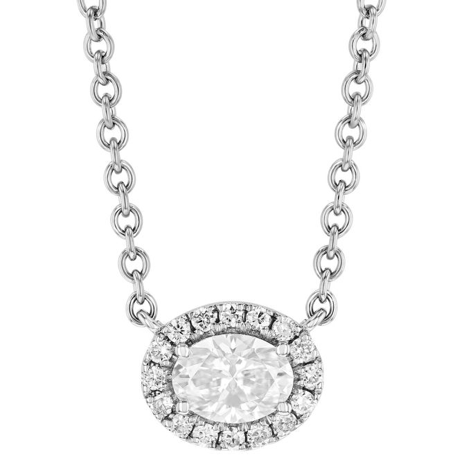 Oval Diamond Halo Necklace in White Gold, 16"