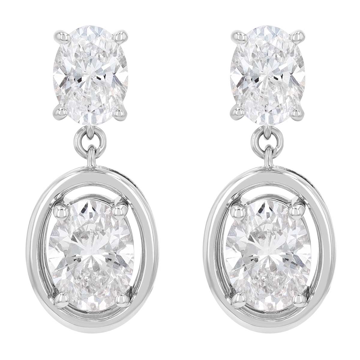 Oval Diamond & White Gold Frame Double Drop Earrings in White Gold