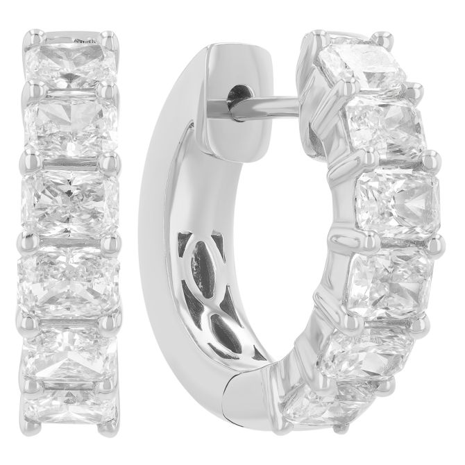 Radiant Cut Diamond Huggie Hoop Earrings in White Gold