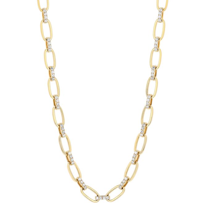 Yellow Gold Soft Rectangle Link Chain with Alternating Diamonds, 17"