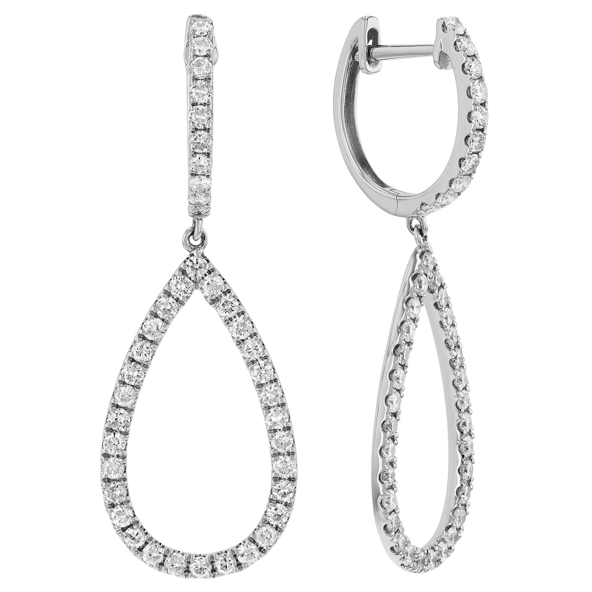 Diamond Open Teardrop Dangle Huggie Earrings in White Gold