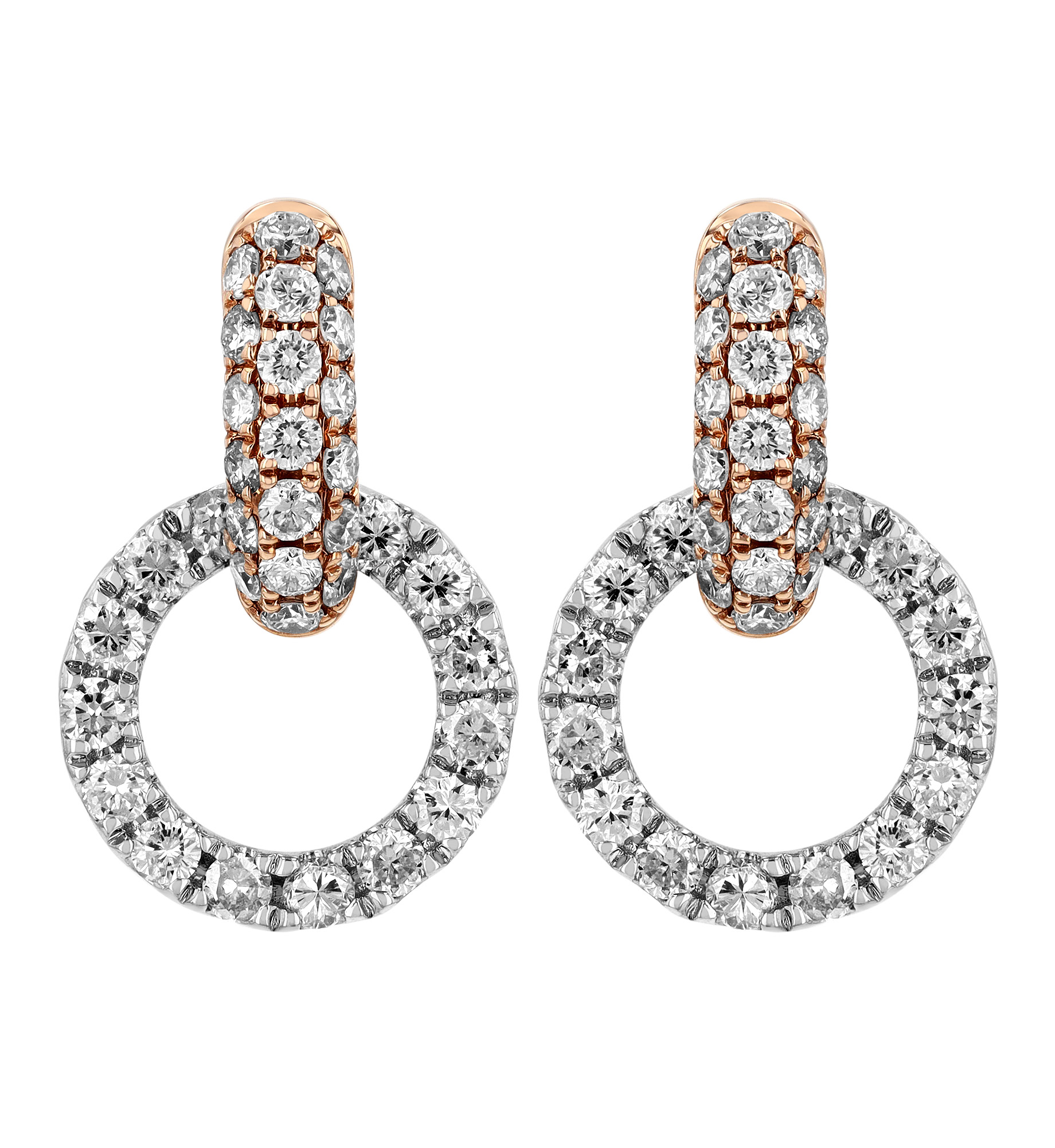 Diamond Pave Open Circle Small Drop Earrings in Rose & White Gold