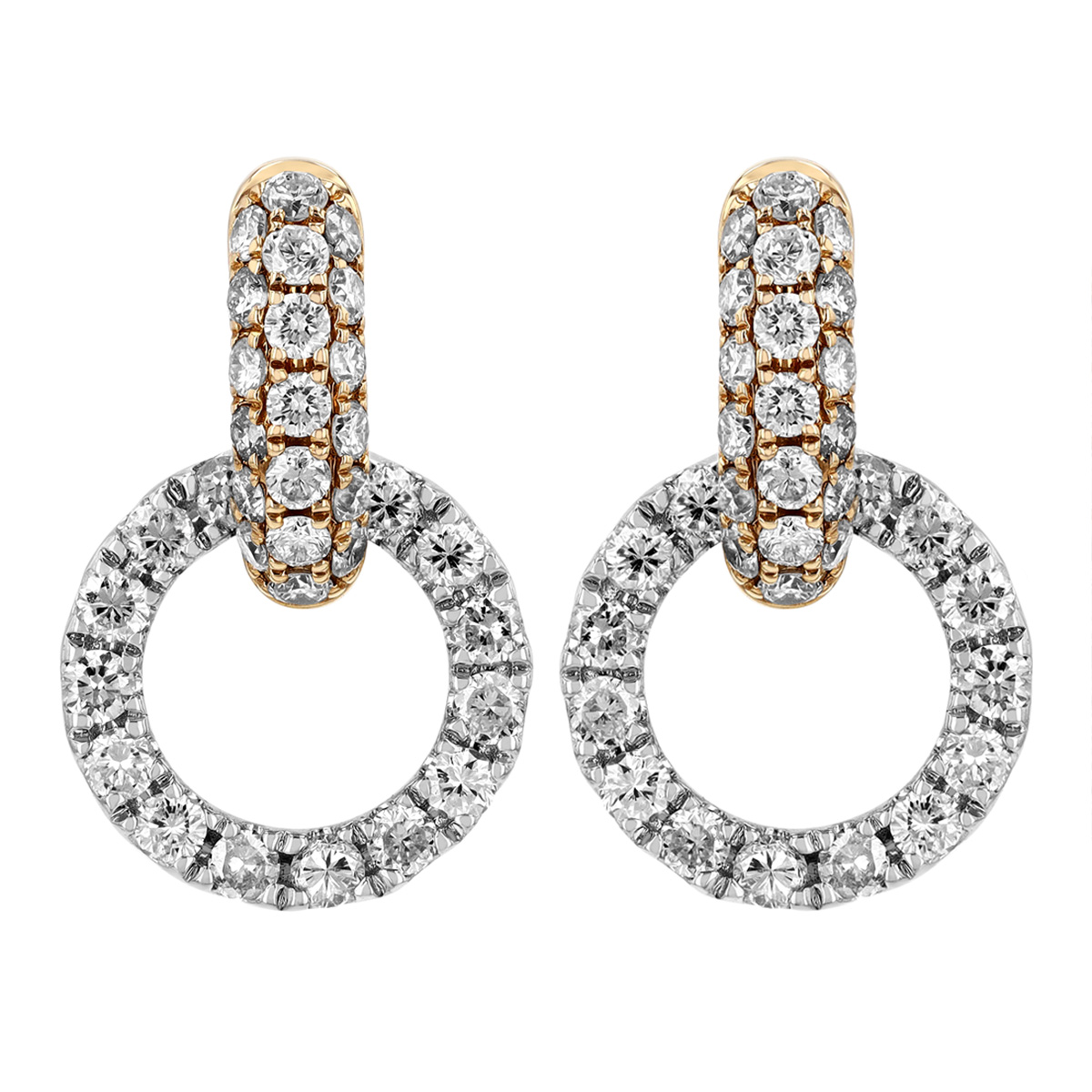 Diamond Pave Open Circle Small Drop Earrings in Yellow & White Gold