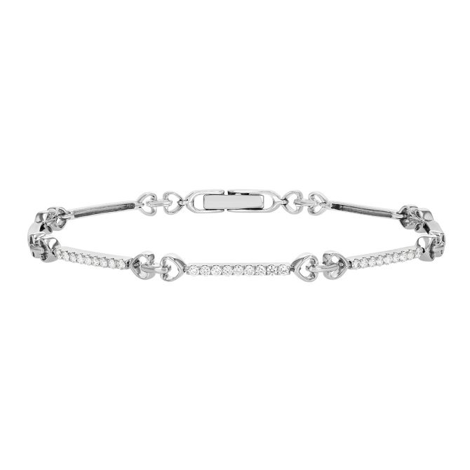 Diamond Bar & Heart Shaped Link Bracelet in White Gold