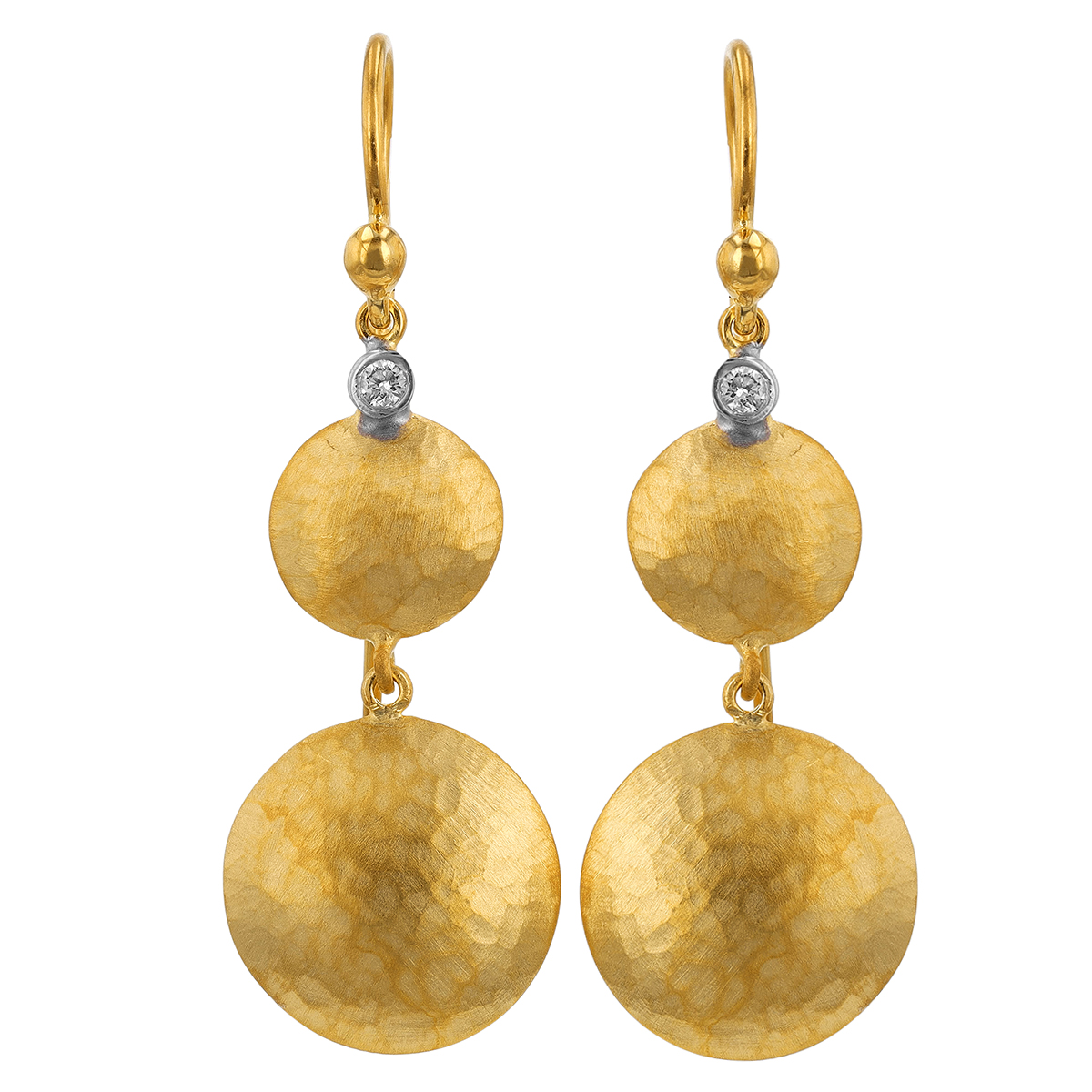 Marika Yellow Gold Double Disc Dangle Earrings with Bezel Set Diamonds
