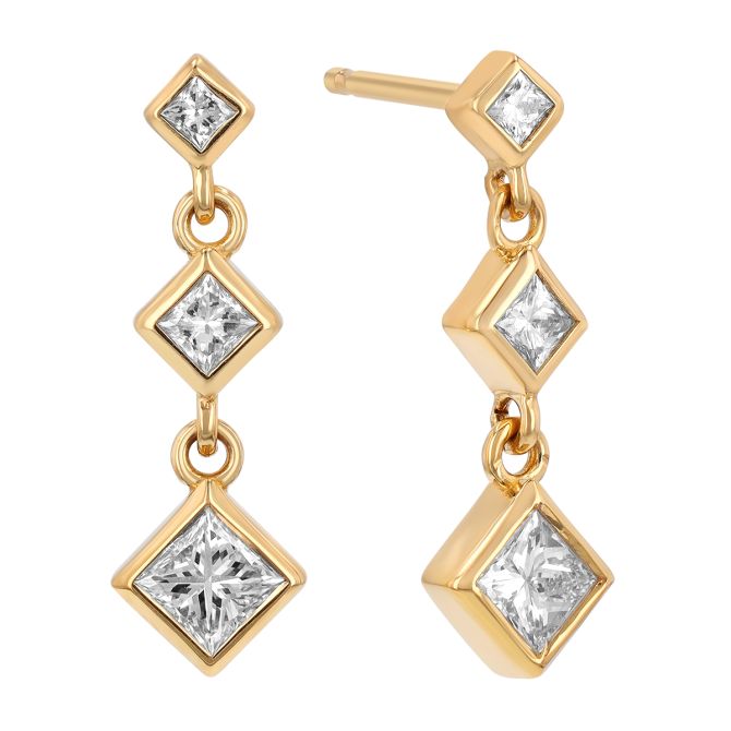 Zoe Chicco 3 Princess Diamond Graduated Drop Earrings in Yellow Gold