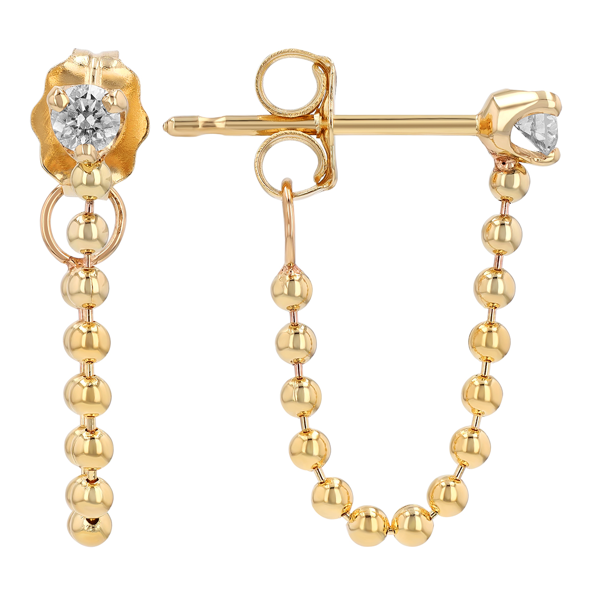 Zoe Chicco Diamond Stud Ball Chain Huggie Earrings in Yellow Gold