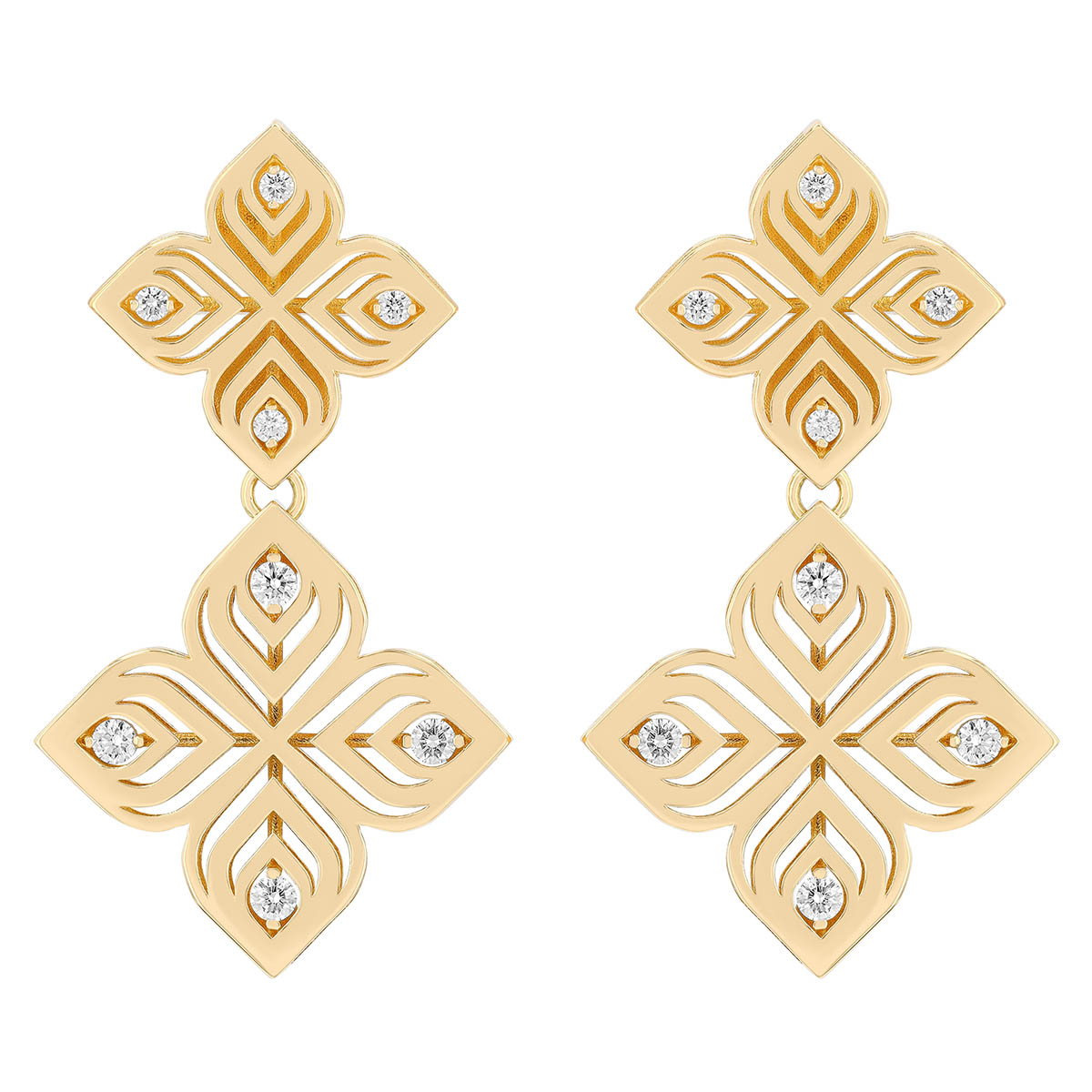 Roberto Coin Arabesque Yellow Gold Diamond Flower Double Drop Earrings