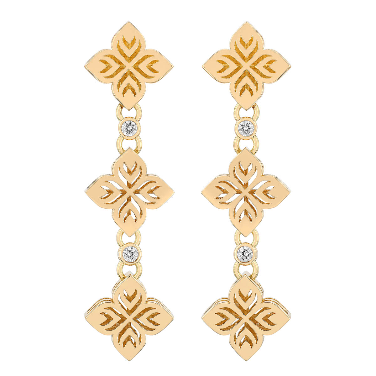 Roberto Coin Arabesque Yellow Gold Diamond Flower Triple Drop Earrings