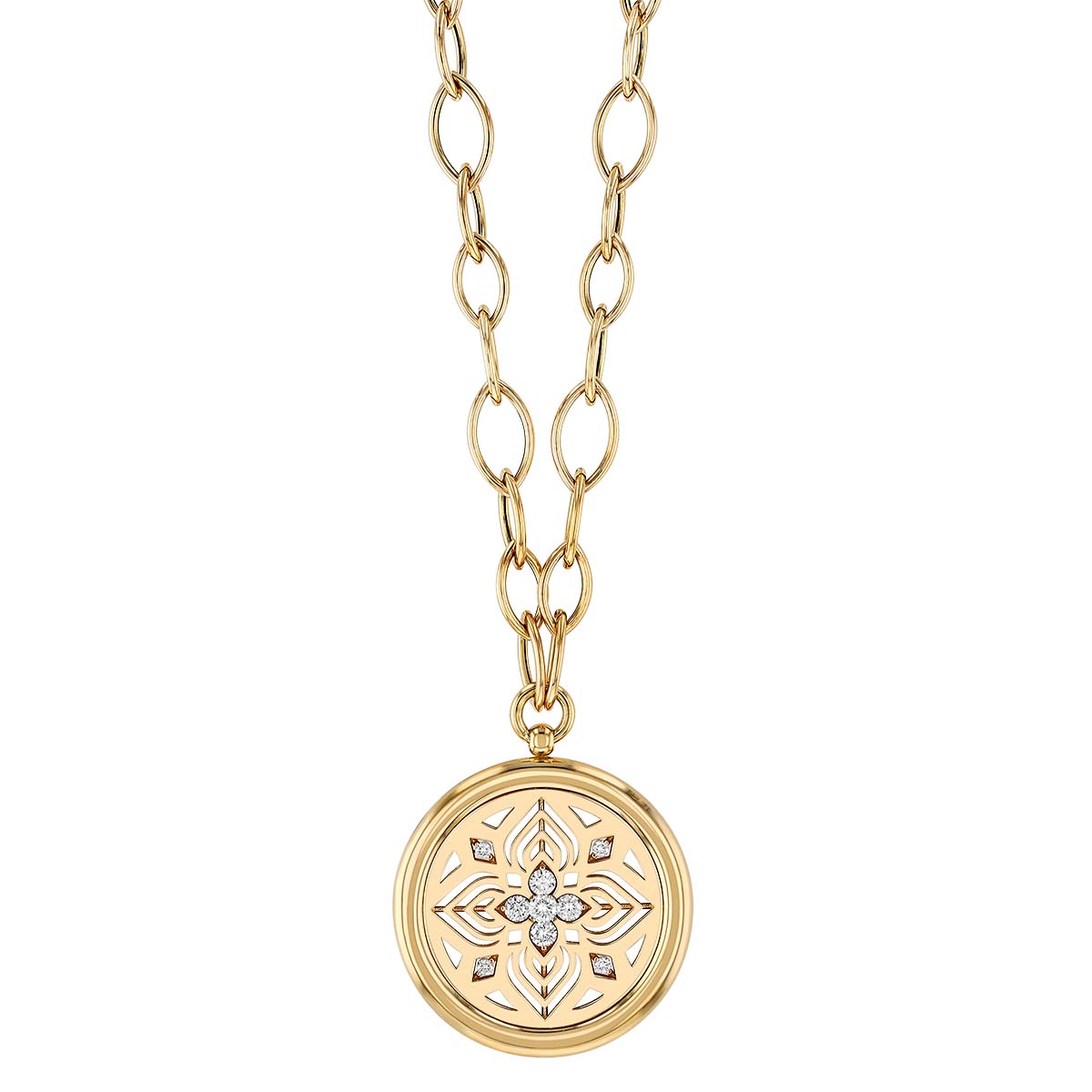 Roberto Coin Arabesque Medallion Diamond Flower Pendant in Yellow Gold, 17