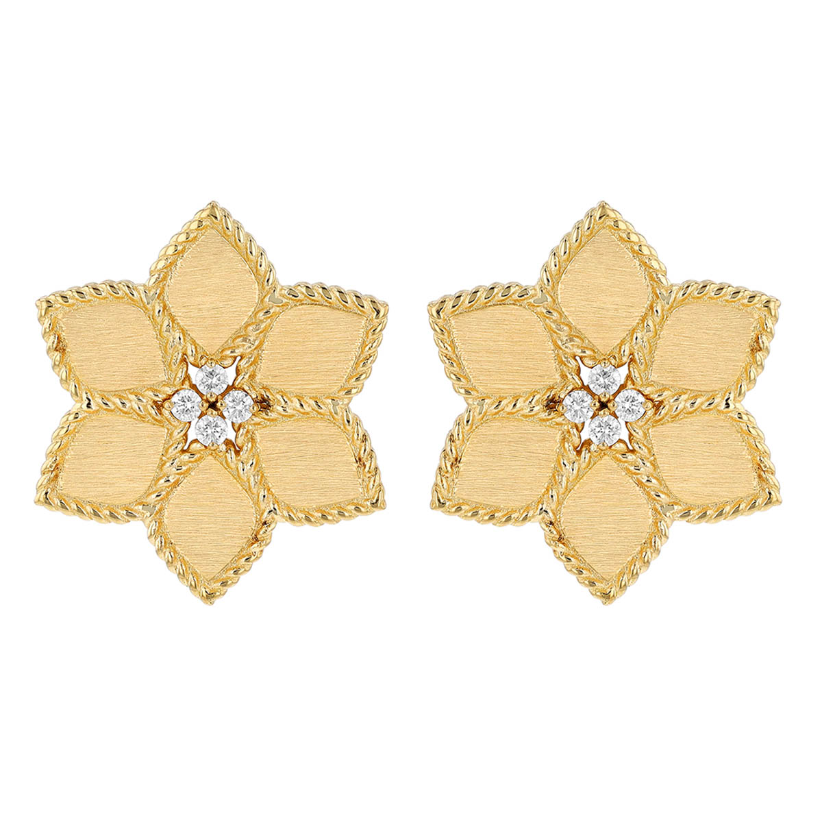 Roberto Coin Vernazza Diamond Flower Post Earrings in Satin Yellow Gold