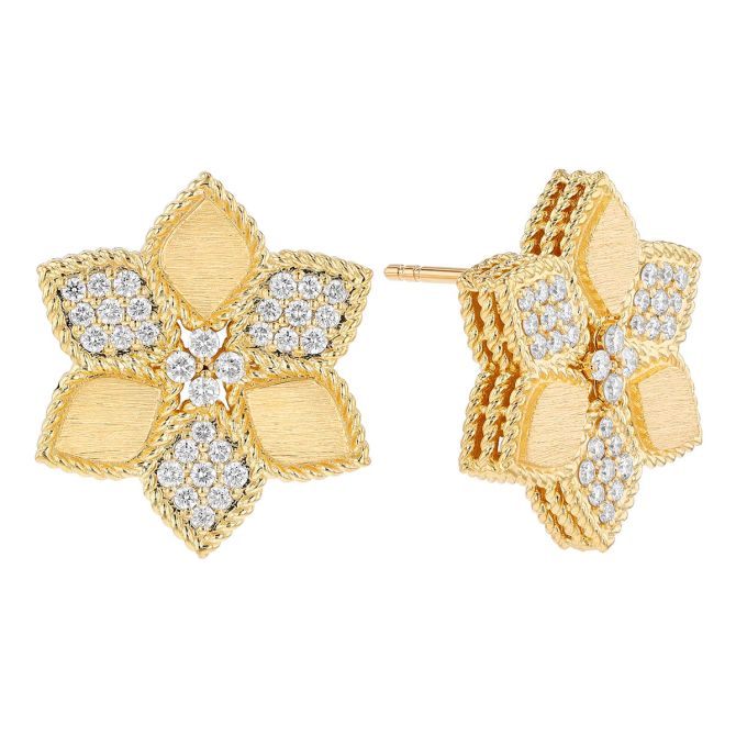 Roberto Coin Vernazza Diamond Pave Flower Post Earrings in Satin Yellow Gold