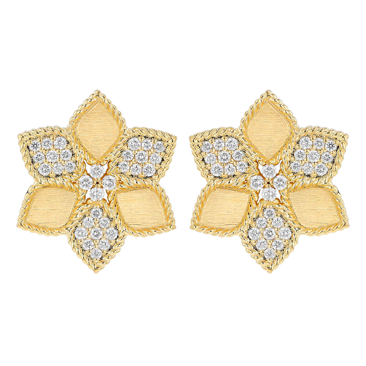 Roberto Coin Vernazza Diamond Pave Flower Post Earrings in Satin Yellow Gold