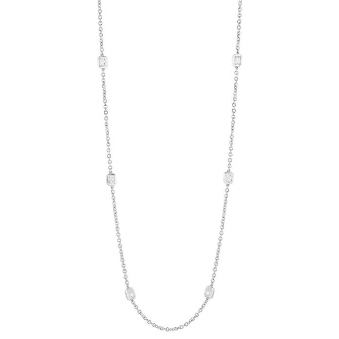Emerald Cut Diamond Bezel Set Station Necklace in White Gold, 18"