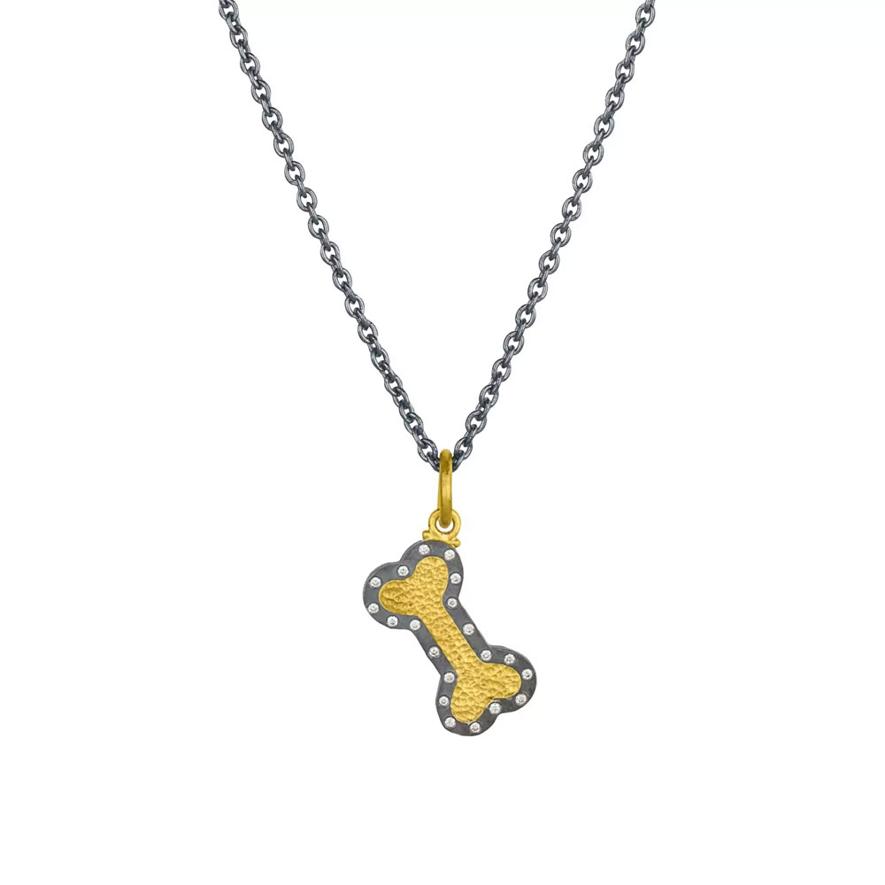 Lika Behar Chase Diamond Dog Bone Pendant in Yellow Gold & Oxidized Silver, 18