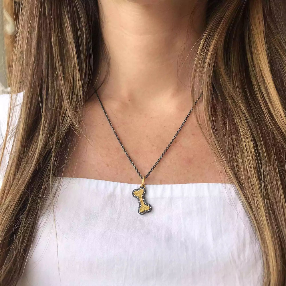 Lika Behar Chase Diamond Dog Bone Pendant in Yellow Gold & Oxidized Silver, 18