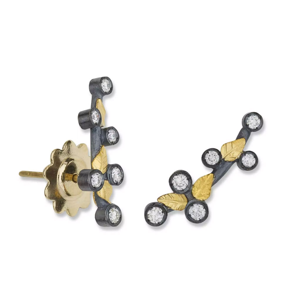 Lika Behar Laurier Diamond & Leaf Stud Earrings in Yellow Gold & Oxidized Silver
