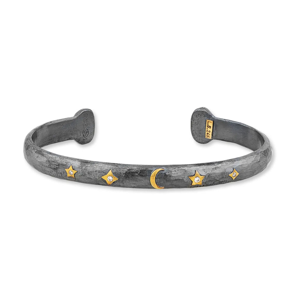 Lika Behar Stockholm Moon & Stars Cuff Bracelet with Diamond Accents in Yellow Gold & Oxidized Silve