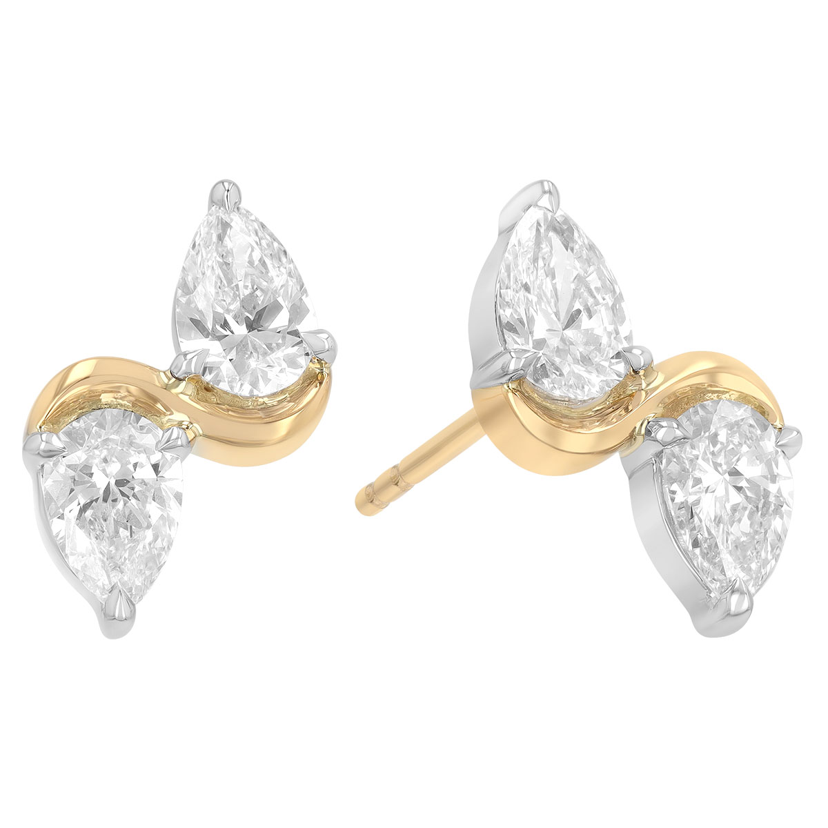 Phillips House Double Pear Diamond Knife Edge Stud Earrings in Yellow Gold & Platinum
