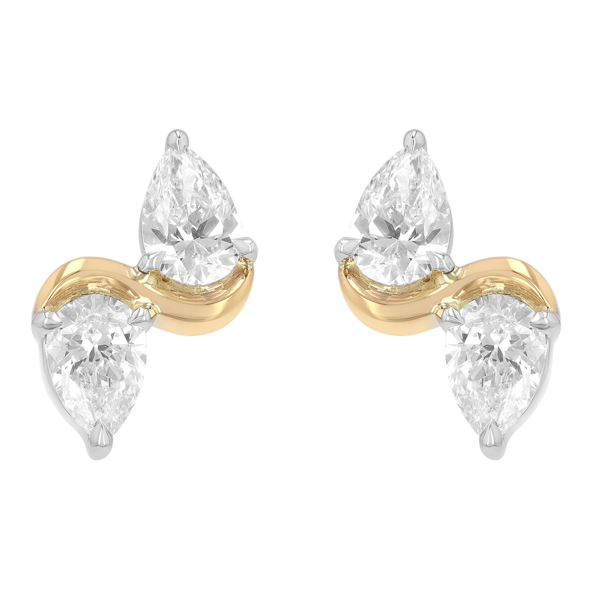 Phillips House Double Pear Diamond Knife Edge Stud Earrings in Yellow Gold & Platinum