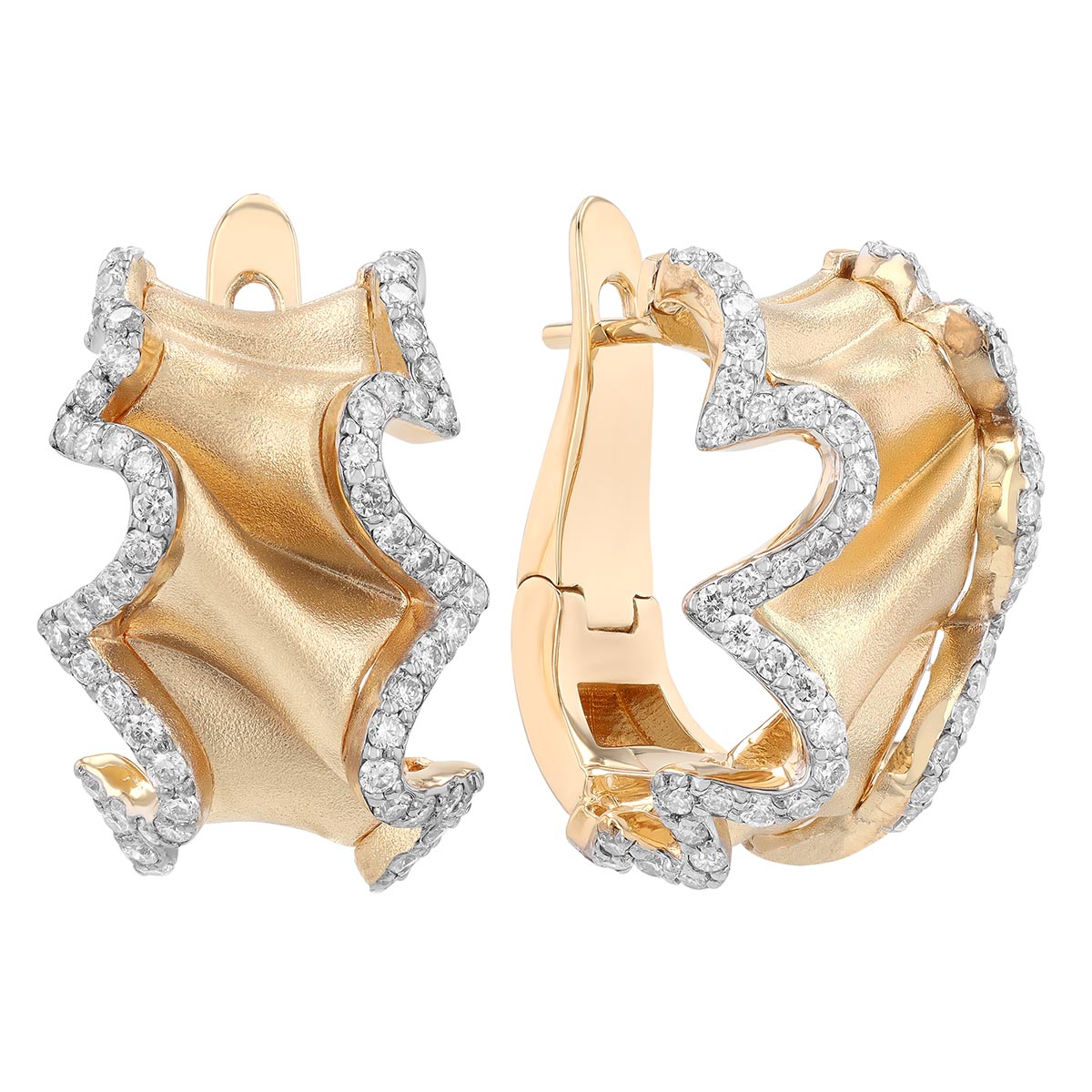 Yellow Gold Wavy Ripple Leverback Huggie Earrings with Diamond Edges