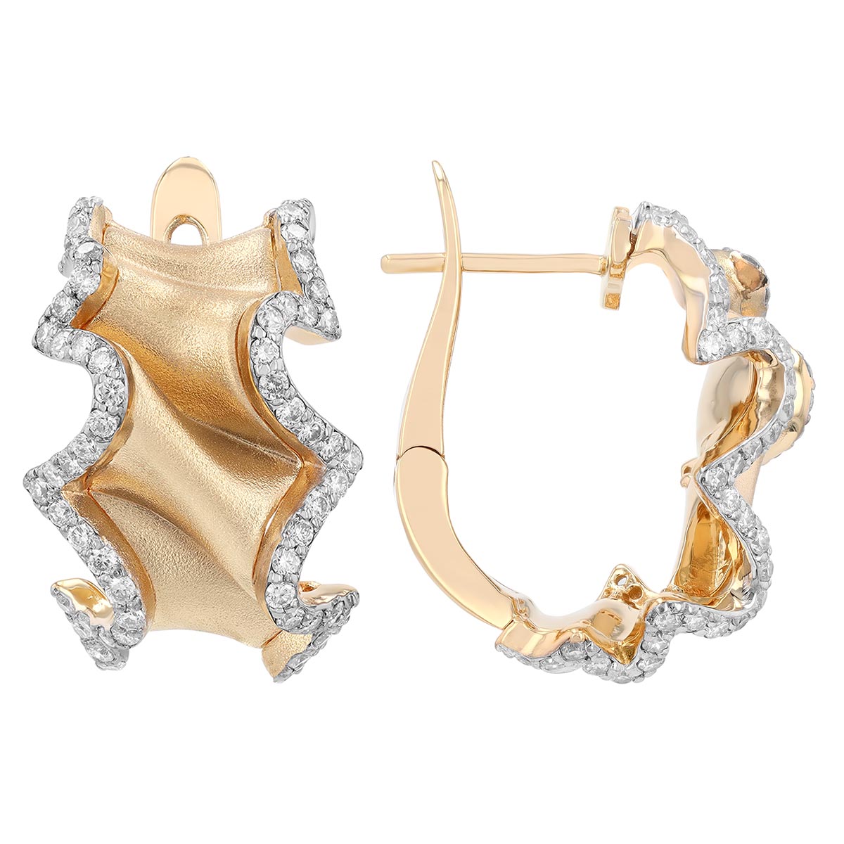 Yellow Gold Wavy Ripple Leverback Huggie Earrings with Diamond Edges