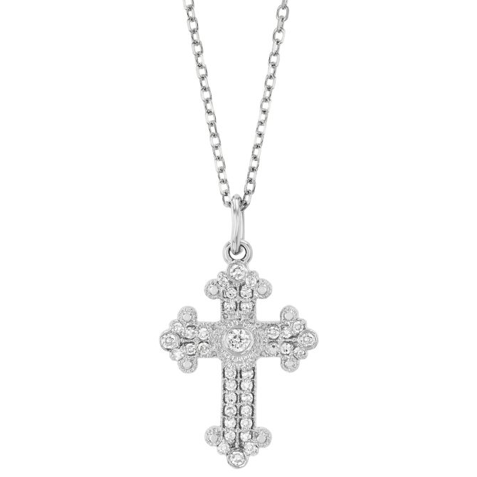 Diamond & Milgrain Detail Cross Pendant in White Gold, 16"