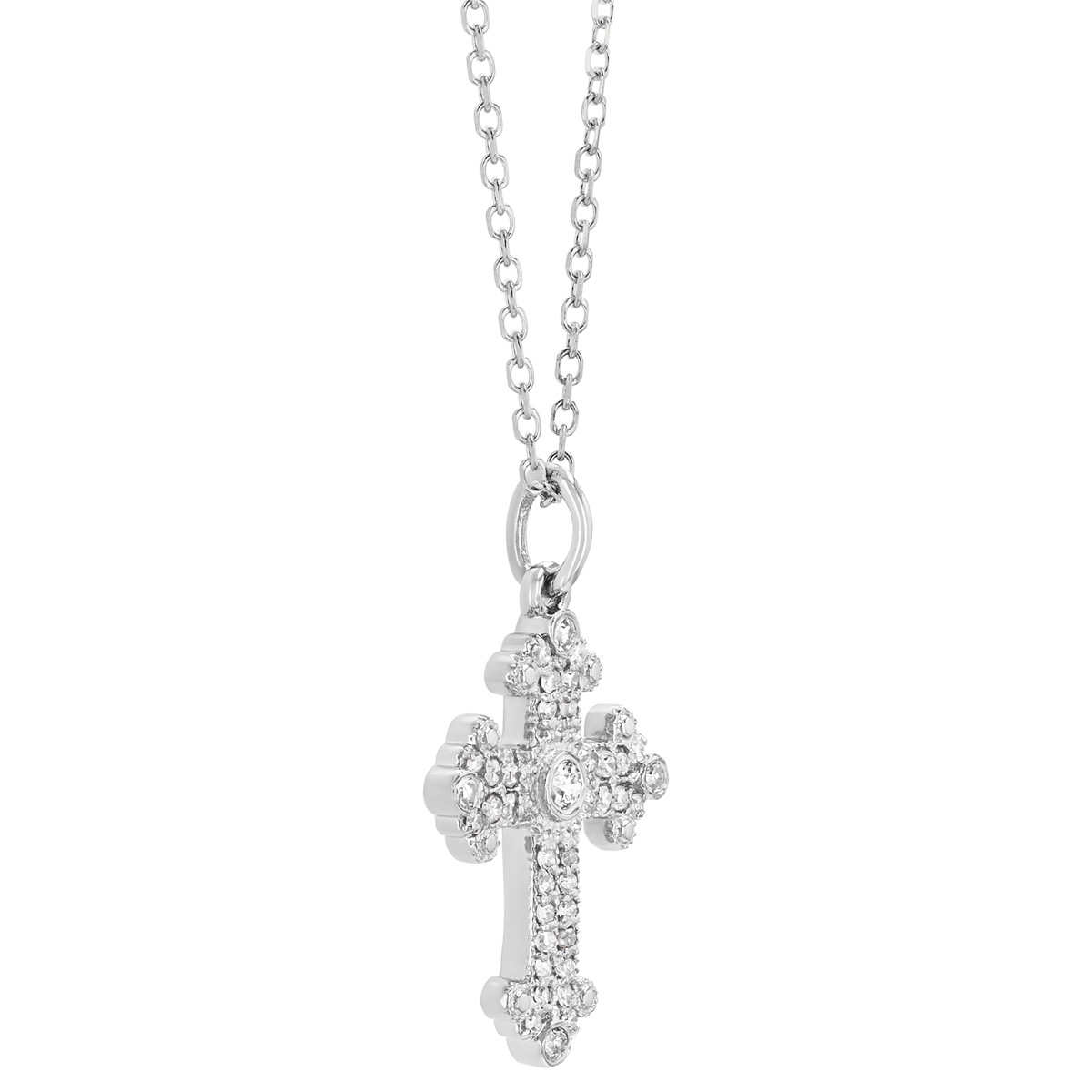 Diamond & Milgrain Detail Cross Pendant in White Gold, 16