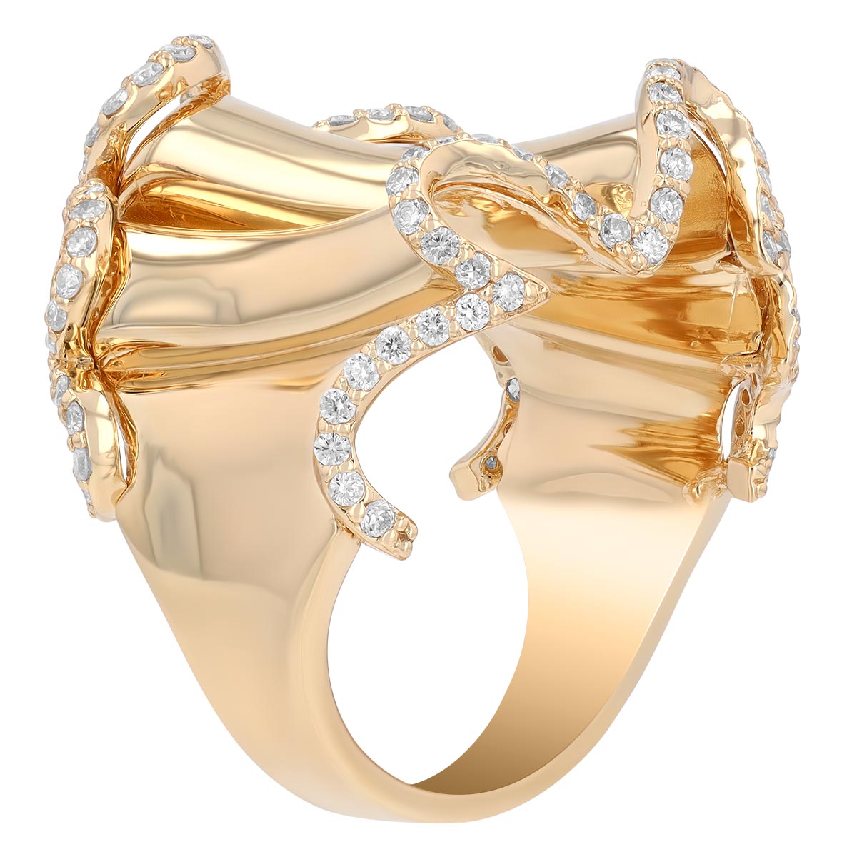 Yellow Gold Wavy Ripple Band Ring with Diamond Edges