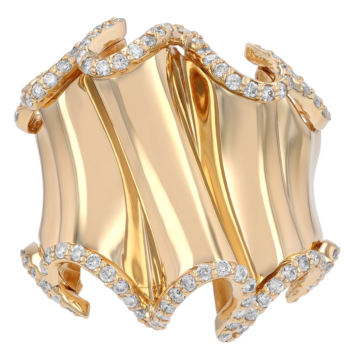 Yellow Gold Wavy Ripple Band Ring with Diamond Edges