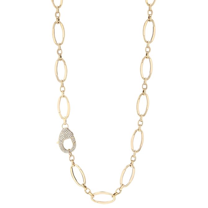 Yellow Gold Oval Link Necklace with Diamond Pave Clasp in Yellow Gold, 18"