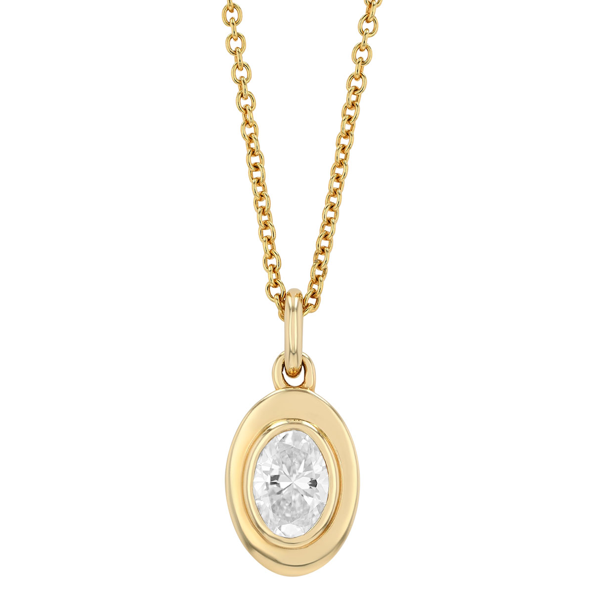Bezel Set Oval Diamond Solitaire Pendant in Yellow Gold, 16