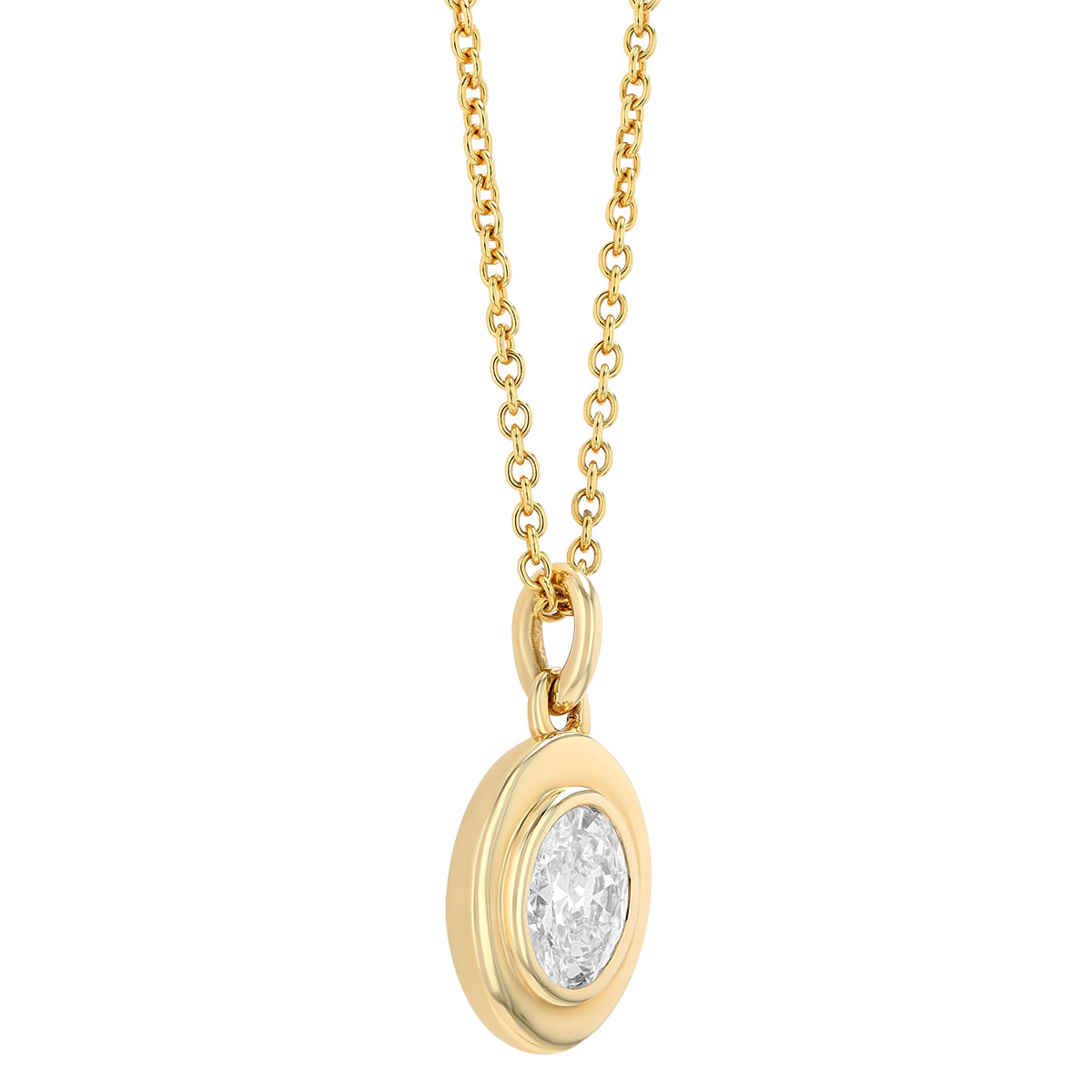 Bezel Set Oval Diamond Solitaire Pendant in Yellow Gold, 16