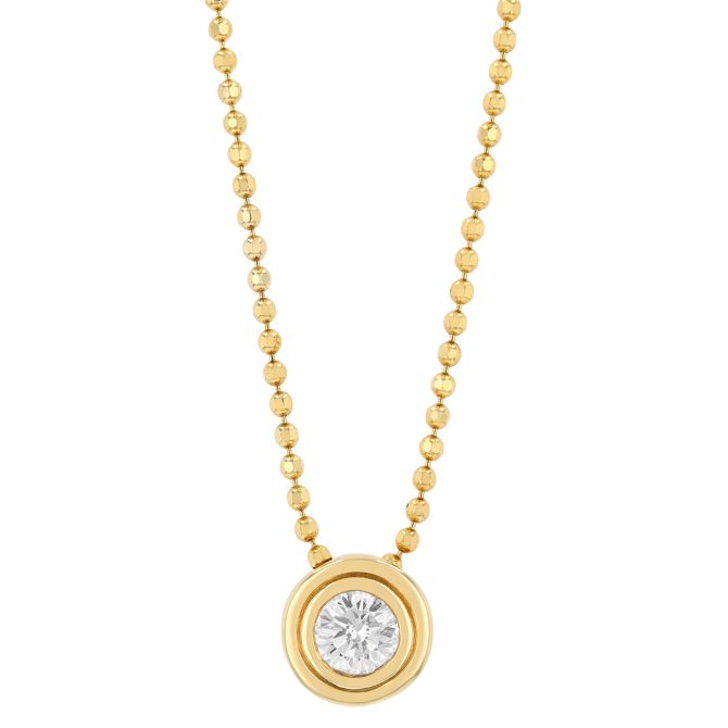 Bezel Set Round Diamond Solitaire Pendant in Yellow Gold, 16"