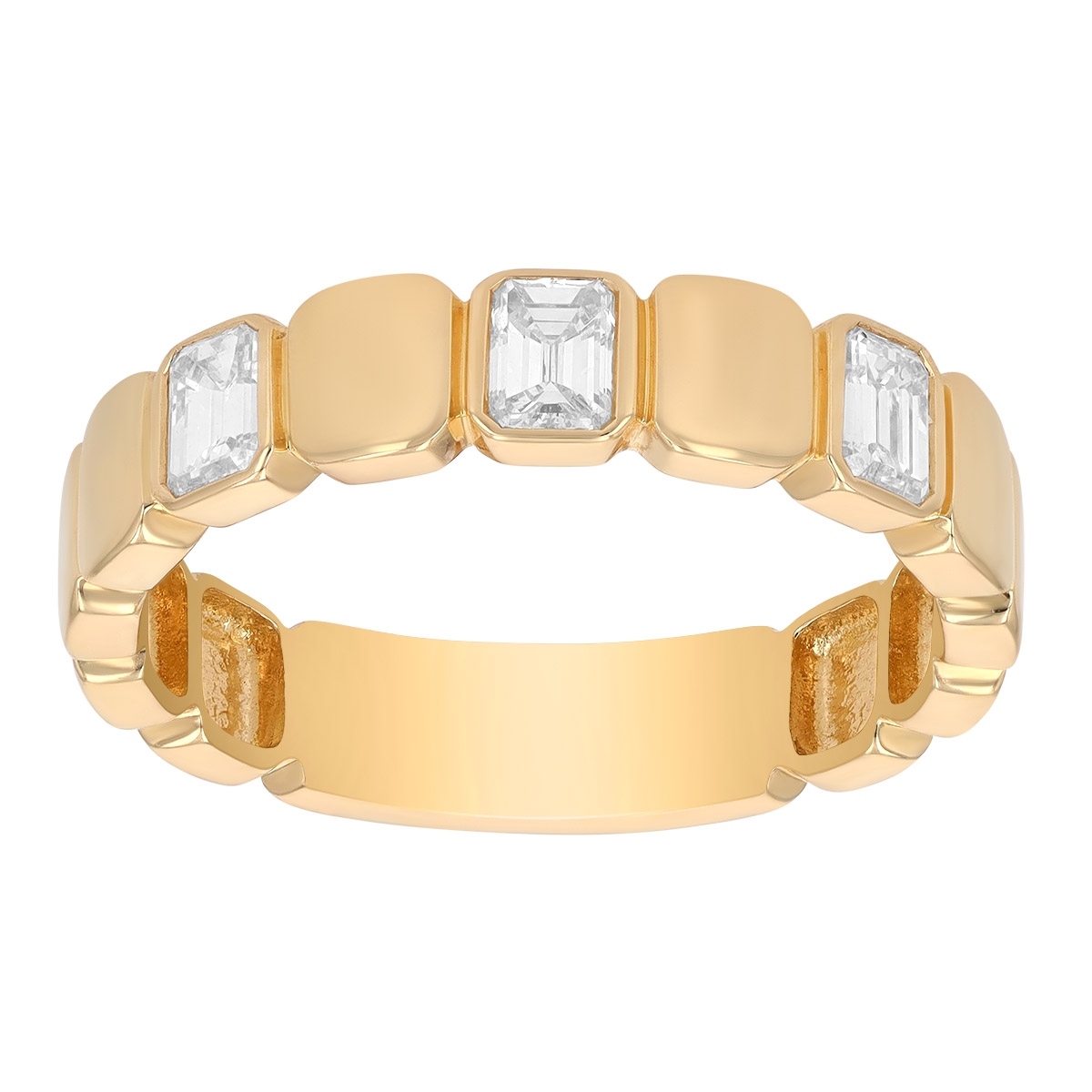 Bezel Set Emerald Cut Diamond Square Pattern Ring in Yellow Gold