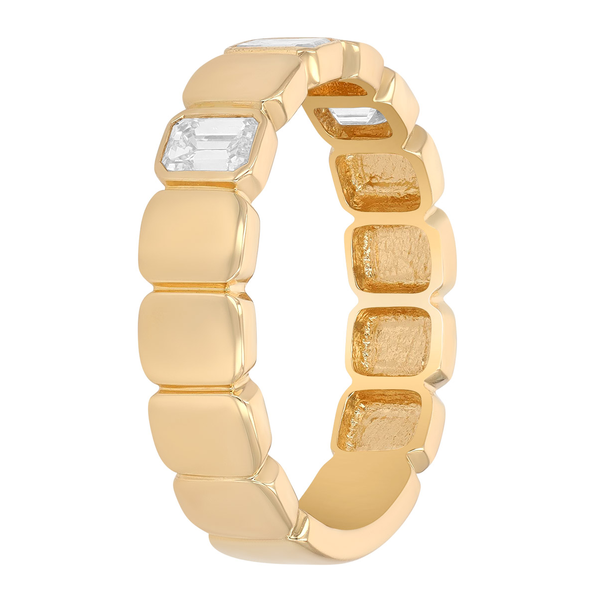 Bezel Set Emerald Cut Diamond Square Pattern Ring in Yellow Gold