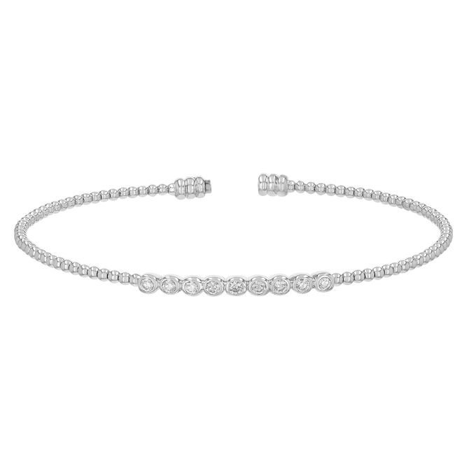 Bezel Set Diamond 9 Stone Beaded Bangle Bracelet in White Gold